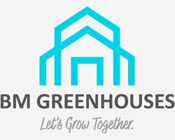 logo of BM Greenhouses featuring a geometric house design symbolizing growth and sustainability with the tagline let's grow together promoting a commitment to effective gardening and agricultural solutions ideal for nurturing seven varieties of plants